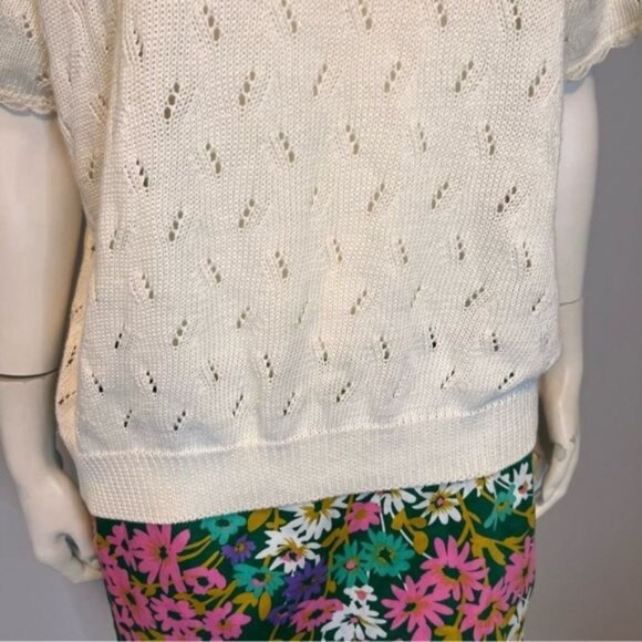Vintage Short Sleeve Lightweight Hand Embroidered Open Knitted Sweater Size L - Picture 2 of 10